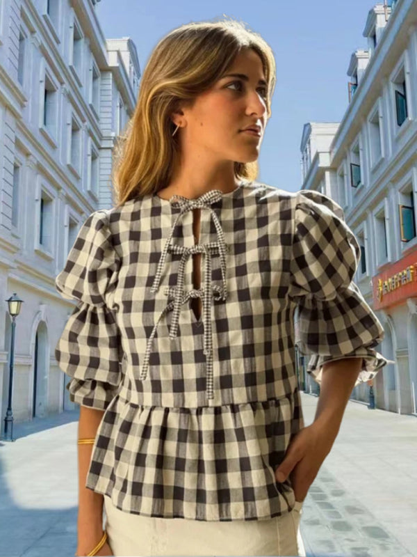 Chic Puff Sleeve Tie Waist Blouse Round Neck Cute Shirt Top for Women