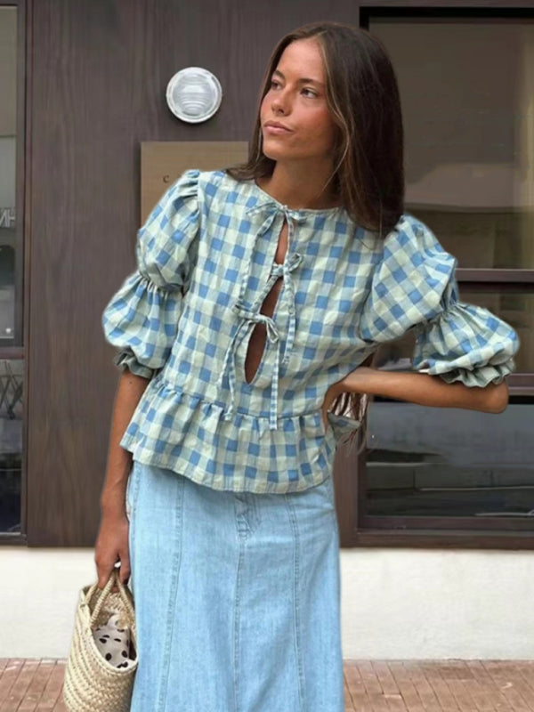 Chic Puff Sleeve Tie Waist Blouse Round Neck Cute Shirt Top for Women