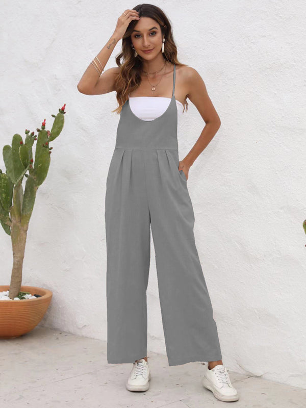 Chic Solid Color Suspender Trousers – Casual & Trendy Must-Have