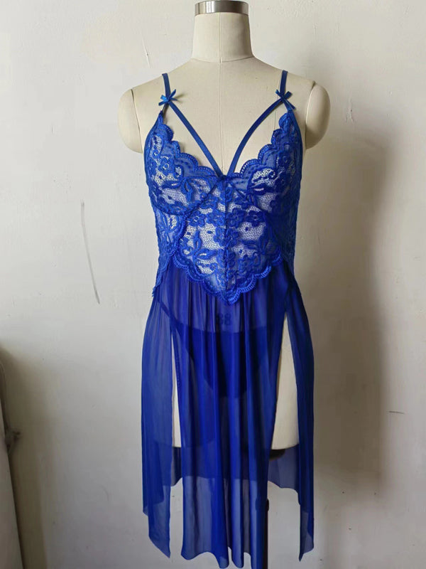 stylish Lace Mesh Nightgown Set – Sheer Suspender Slip with Slit