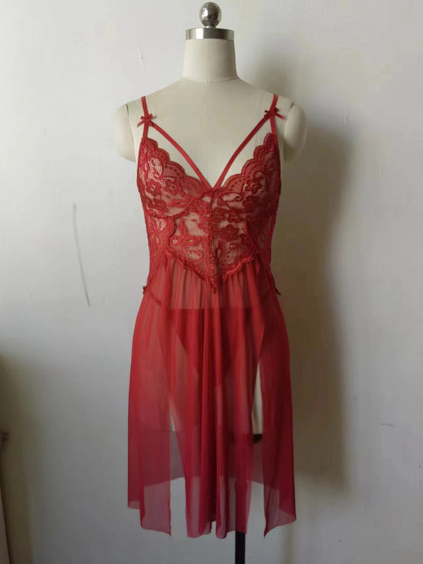 stylish Lace Mesh Nightgown Set – Sheer Suspender Slip with Slit