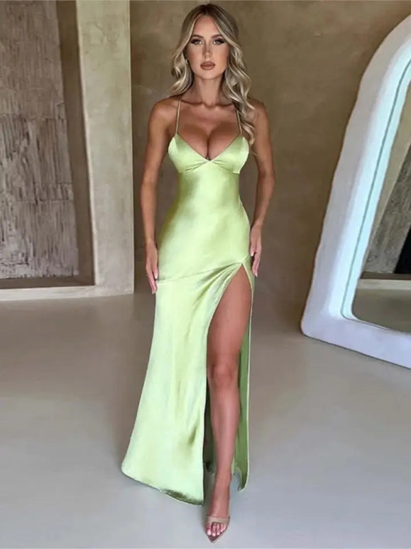 Stunning Satin Slit Dress – stylish Backless V-Neck Party Look