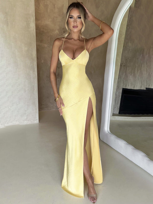 Stunning Satin Slit Dress – stylish Backless V-Neck Party Look