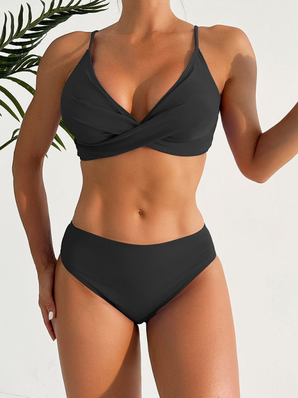 stylish Cross-Strap Bikini – Trendy Solid Color Swimsuit for Summer