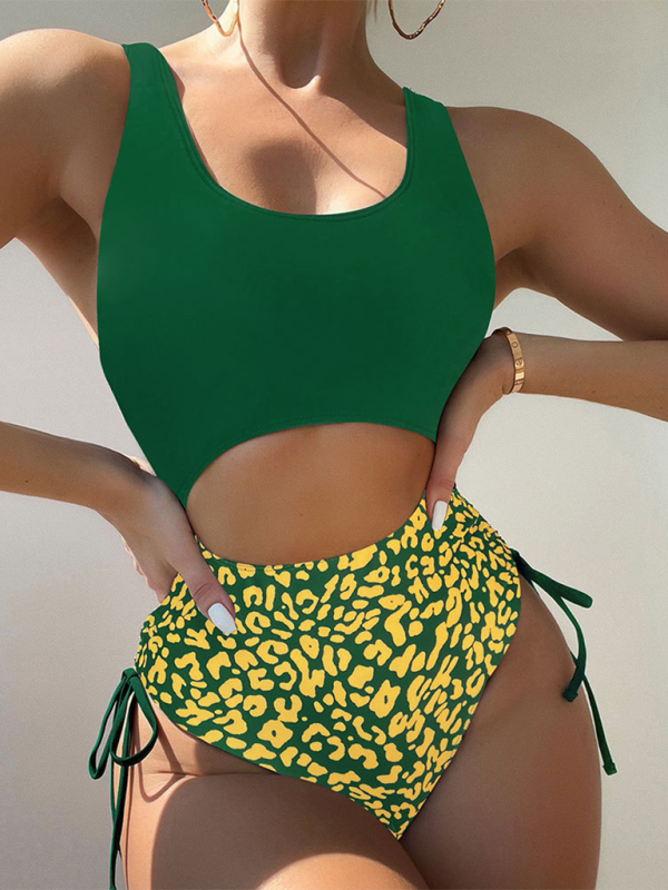 Leopard Print U-Shaped One-Piece Swimsuit stylish Strappy Swimwear for Summer