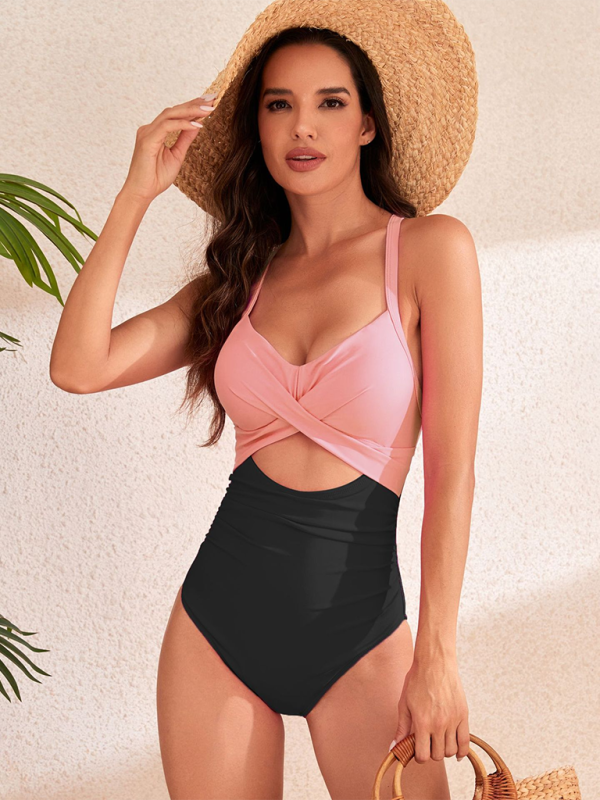 New stylish hollow solid color high waist one-piece swimsuit