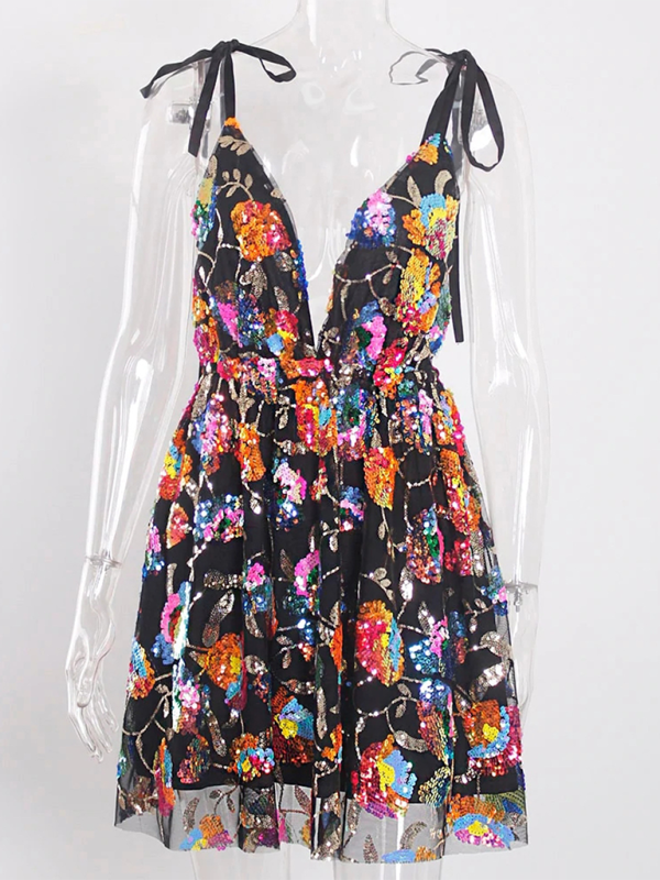 stylish Backless Sequin Mini Dress Strappy V-Neck Party Outfit