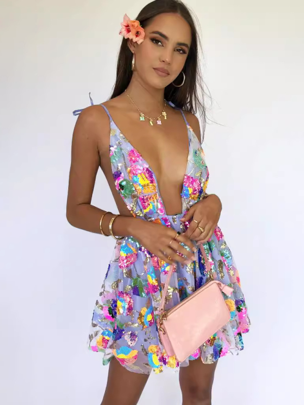 stylish Backless Sequin Mini Dress Strappy V-Neck Party Outfit