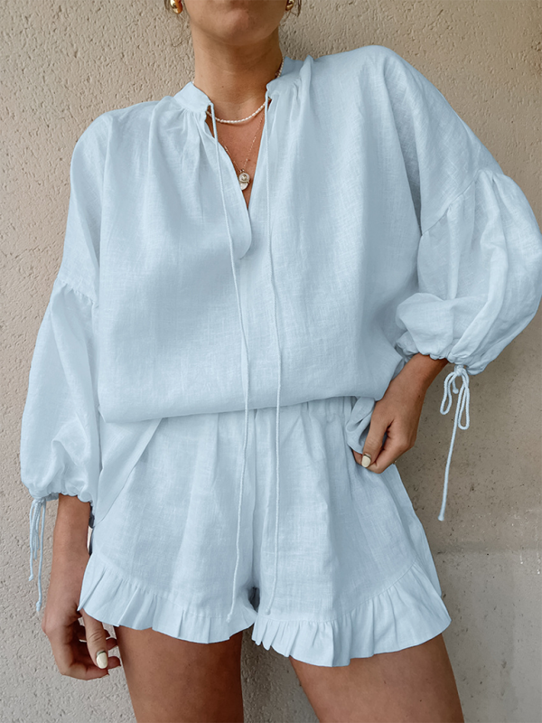Chic V-Neck Lantern Sleeve Two-Piece Set – Trendy & Stylish Outfit for Spring Summer