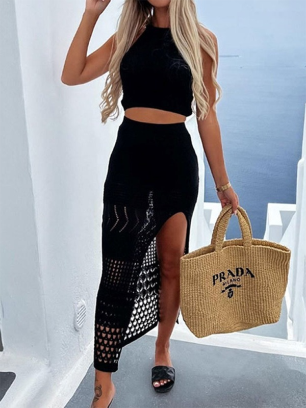 Chic Hollow Knit Bikini Cover-Up Set – Cropped Top & High-Slit Skirt