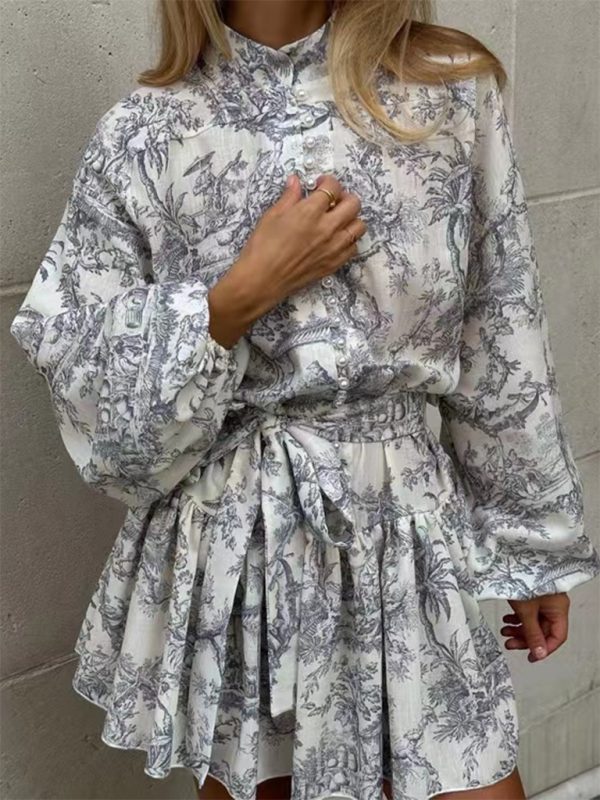 Chic Puff Sleeve Lace-Up A-Line Dress – Vintage Print Retro Vibes