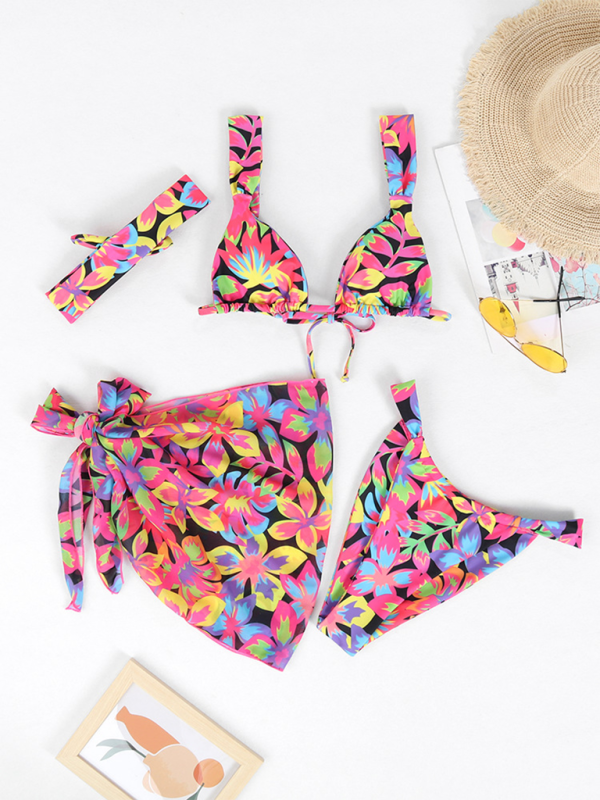 Trendy 4-Piece Bikini Set stylish Backless Swimsuit Print Perfect for Summer Vacay