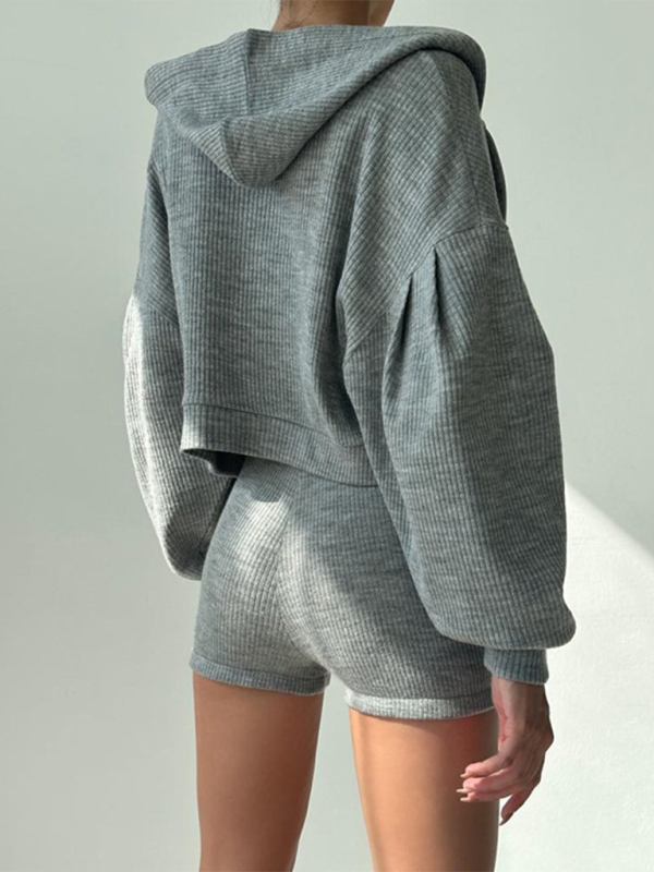 🌟 Zippered Hooded Cardigan, Sweatshirt & V-Neck Bra High Waist Shorts Three-Piece Set – Effortless, Comfy, and Stylish! 🌟