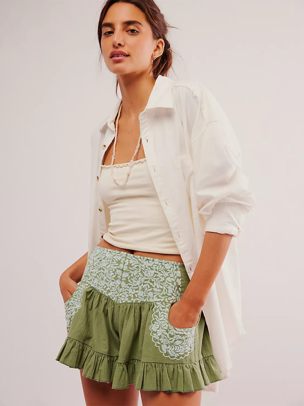 Trendy Ruffled Low Rise Shorts – Embroidered & Stylish for Summer
