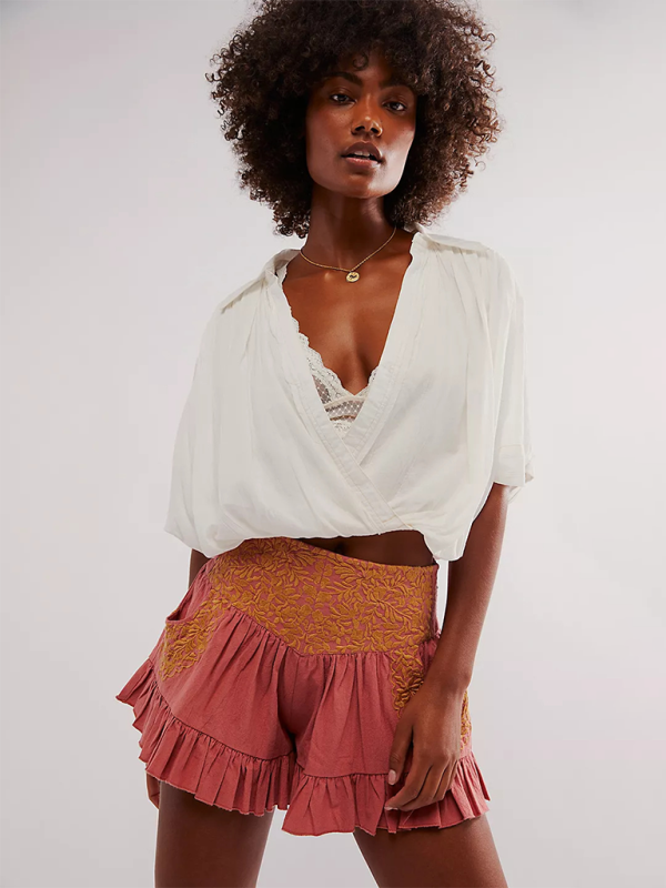 Trendy Ruffled Low Rise Shorts – Embroidered & Stylish for Summer