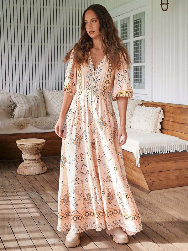 Boho Chic V-Neck Button-Down Dress – Flowy, Stylish & Perfect for Vacay
