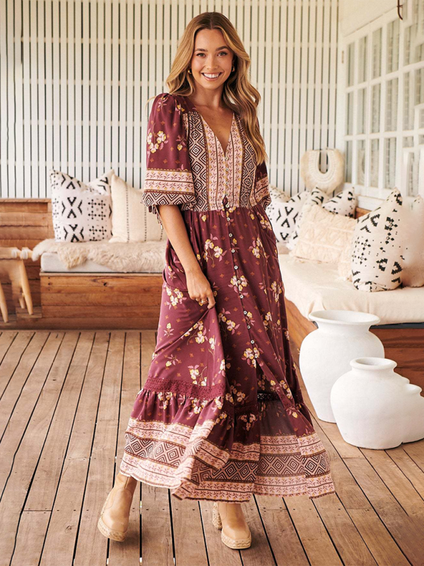 Boho Chic V-Neck Button-Down Dress – Flowy, Stylish & Perfect for Vacay
