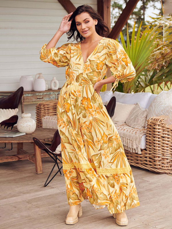 Boho Chic V-Neck Button-Down Dress – Flowy, Stylish & Perfect for Vacay