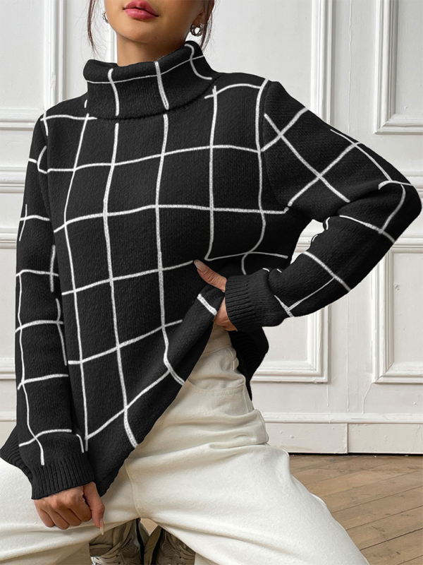 Cozy Chic Plaid Turtleneck Sweater – Stylish & Warm for Fall Winter