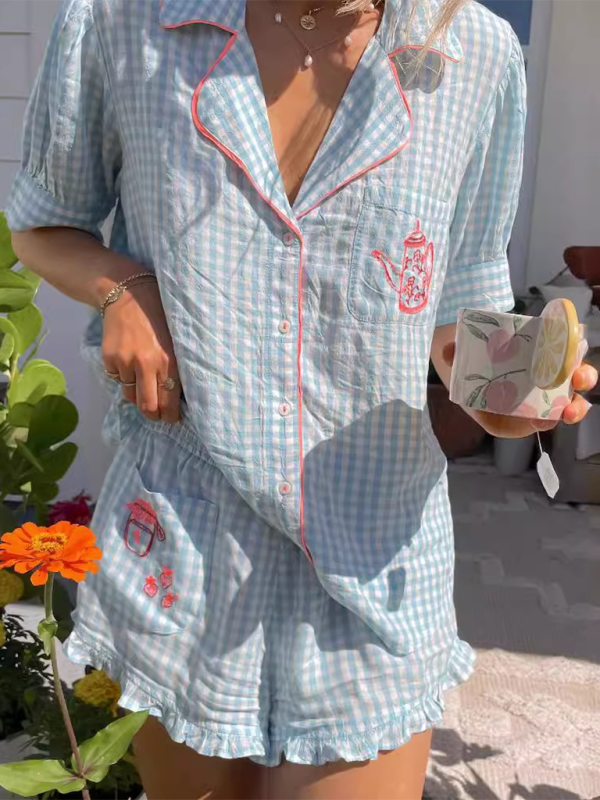 Cozy Plaid Pajama Set – Cute Embroidered Teapot Lounge Wear
