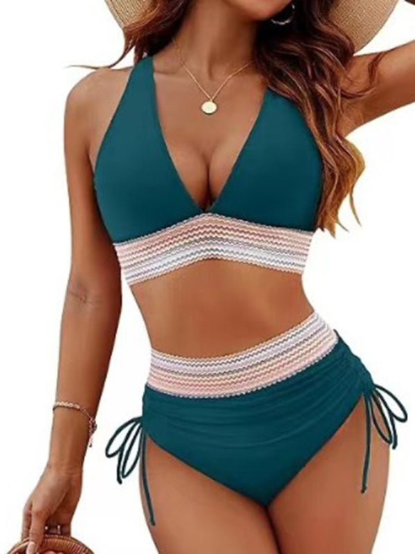 High Waist Leopard Print Bikini Set V Neck Tie Two Piece Swimsuit