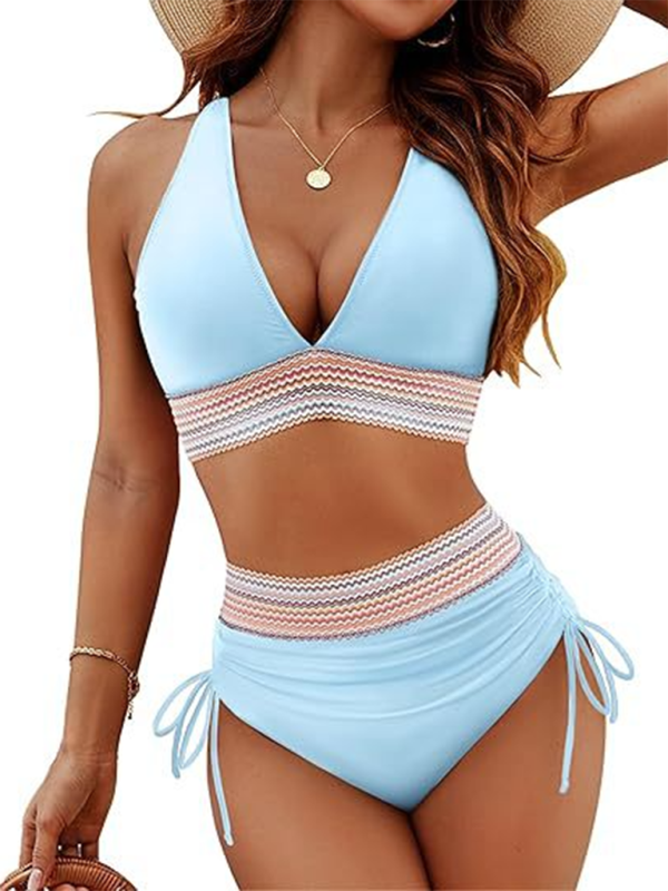 High Waist Leopard Print Bikini Set V Neck Tie Two Piece Swimsuit