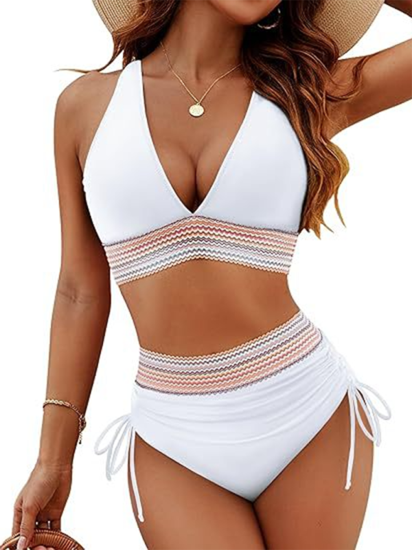 High Waist Leopard Print Bikini Set V Neck Tie Two Piece Swimsuit