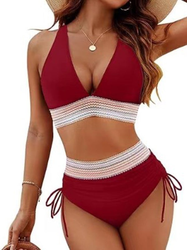 High Waist Leopard Print Bikini Set V Neck Tie Two Piece Swimsuit