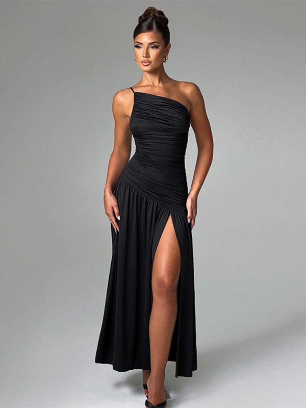 Elegant Strapless Off-Shoulder Slit Dress – Chic & Sleek Party Look