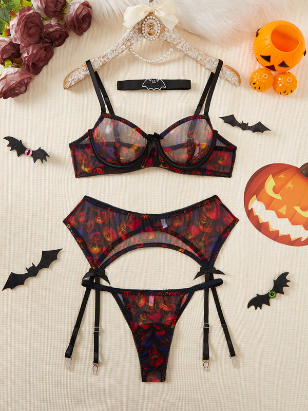 stylish Halloween intimates Set – 4-Piece Skull & Bat Design with Garter & Socks