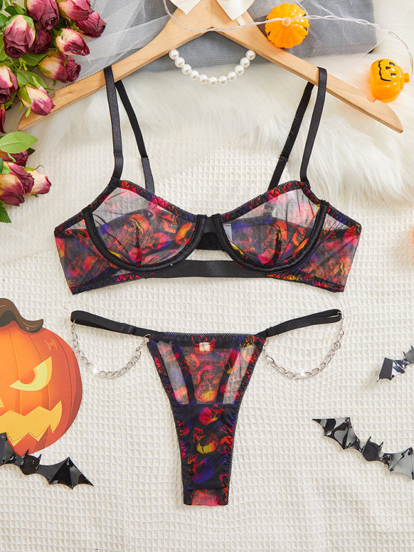 stylish Halloween Skull Print underwear Bra Set Spooky Cute intimates