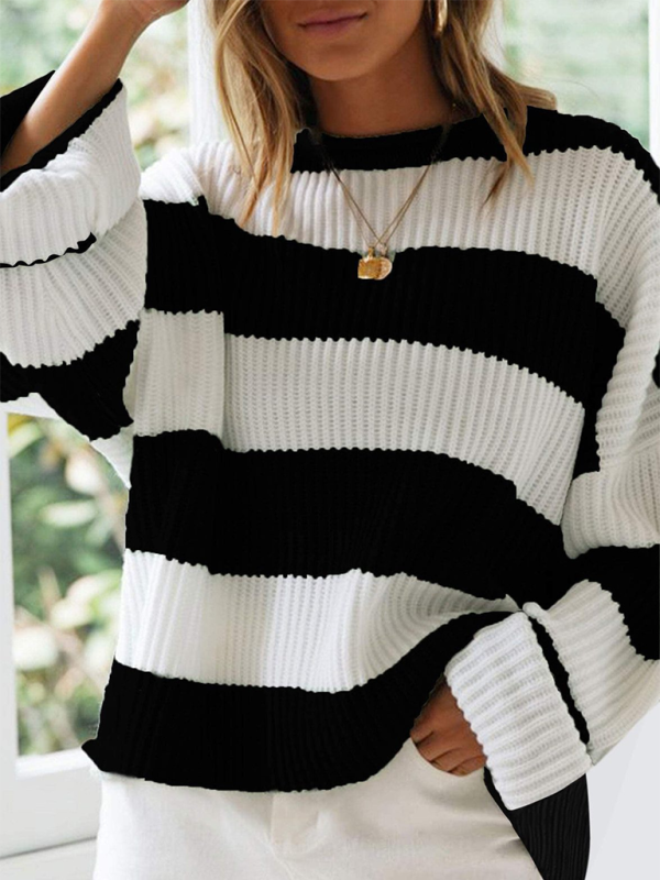 Cozy Chic Striped Knit Sweater Flare Sleeve Round Neck Pullover