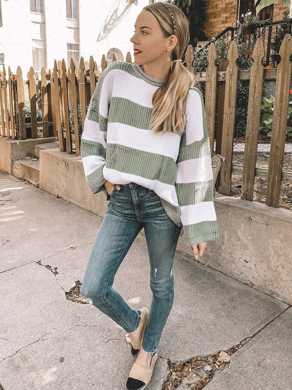 Cozy Chic Striped Knit Sweater Flare Sleeve Round Neck Pullover