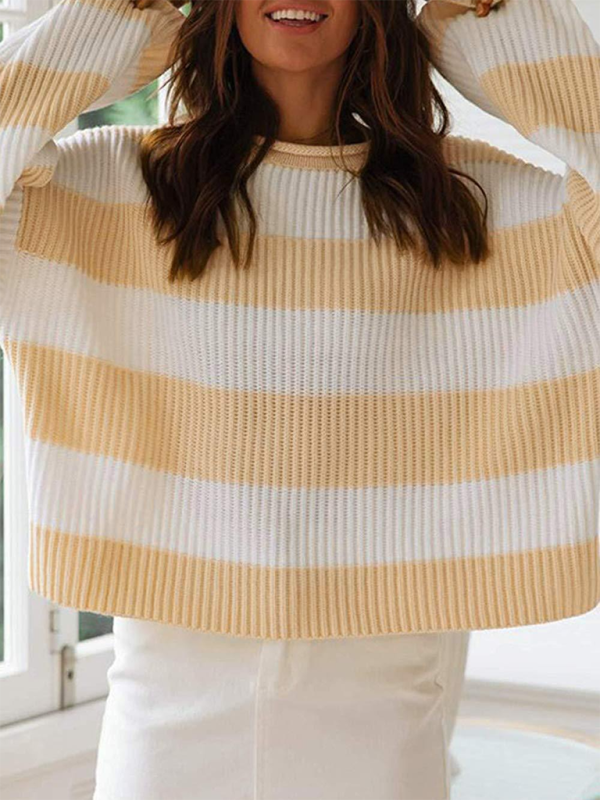Cozy Chic Striped Knit Sweater Flare Sleeve Round Neck Pullover