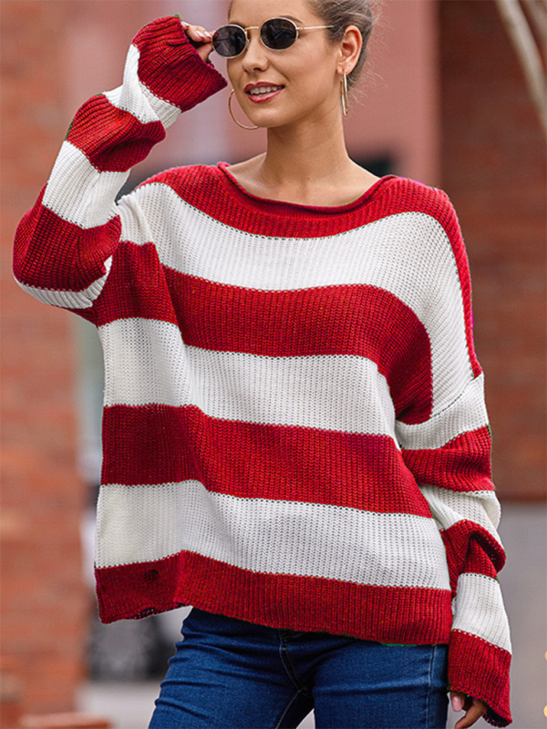Cozy Chic Striped Knit Sweater Flare Sleeve Round Neck Pullover