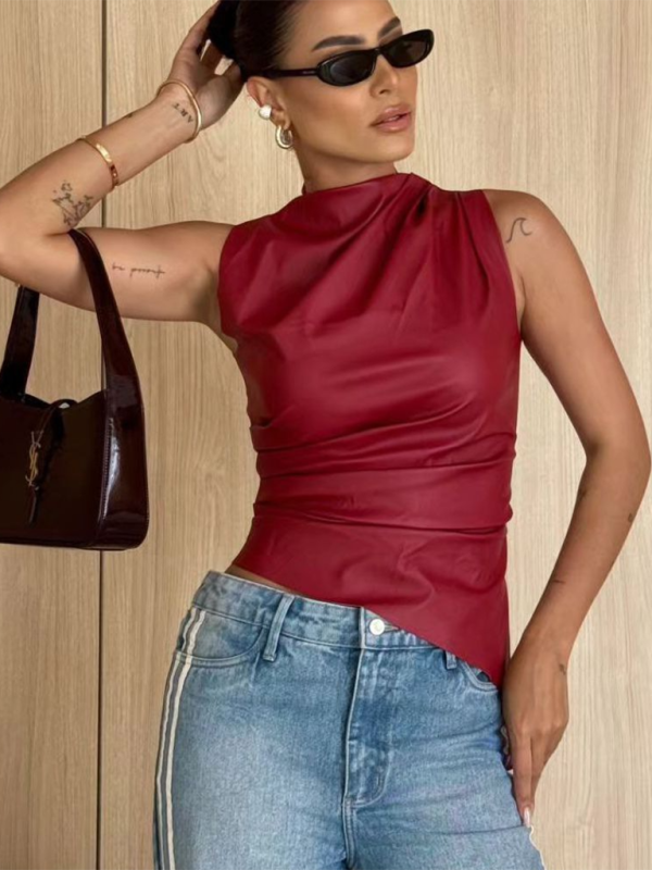 Chic Leather Stacked Neck Sleeveless Top – Trendy & Sleek Fit