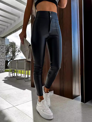 Sleek &amp; Chic: High-Waisted Stretch PU Leather Skinny Pants