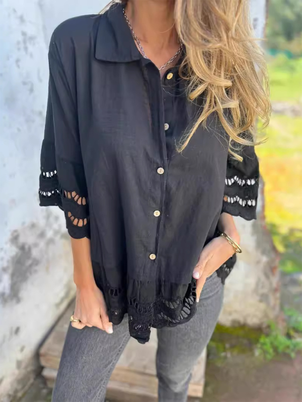 Chic Lace Flared Sleeve Button Shirt for Women – Stylish & Elegant Blouse