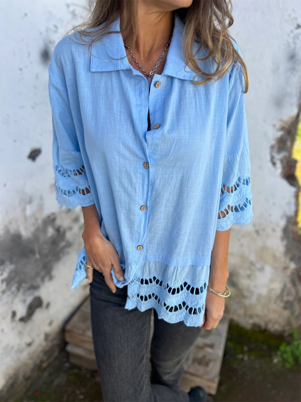 Chic Lace Flared Sleeve Button Shirt for Women – Stylish & Elegant Blouse