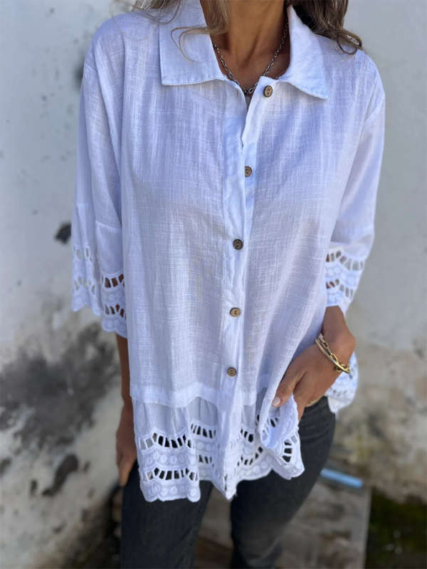 Chic Lace Flared Sleeve Button Shirt for Women – Stylish & Elegant Blouse