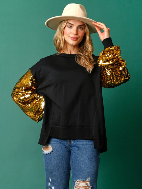 Festive Sequin Sleeve Sweatshirt Cozy Christmas Vibes