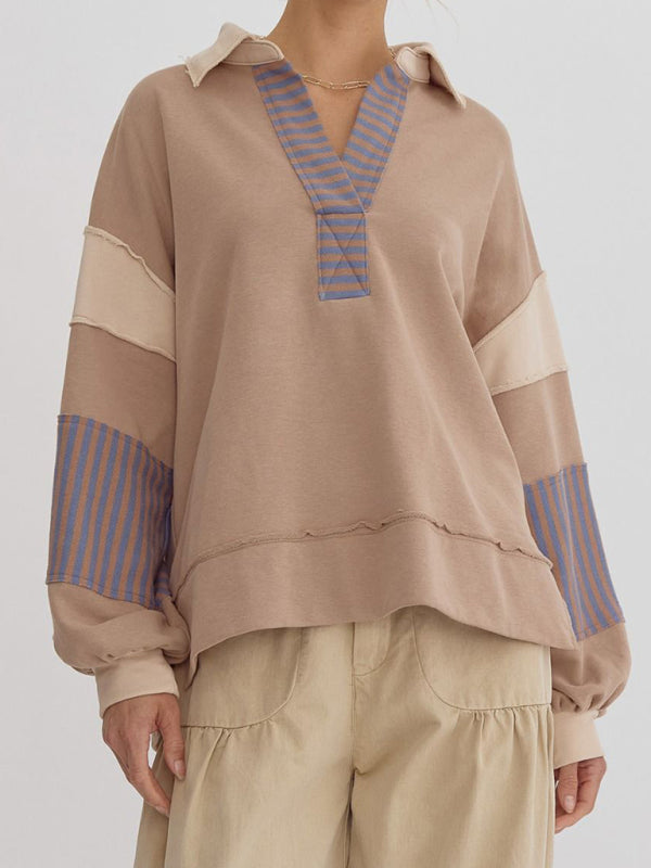 Oversized Striped Sweatshirt Polo Neck Cozy Fall Winter Top