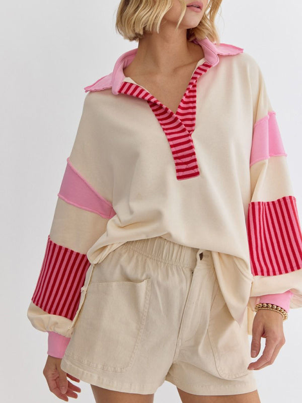 Oversized Striped Sweatshirt Polo Neck Cozy Fall Winter Top