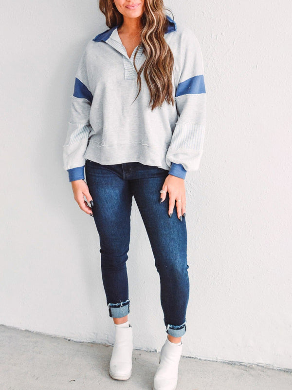 Oversized Striped Sweatshirt Polo Neck Cozy Fall Winter Top