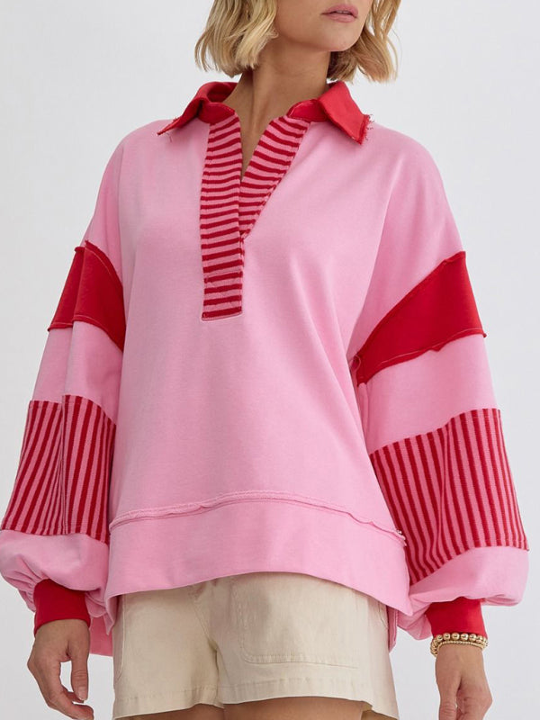 Oversized Striped Sweatshirt Polo Neck Cozy Fall Winter Top