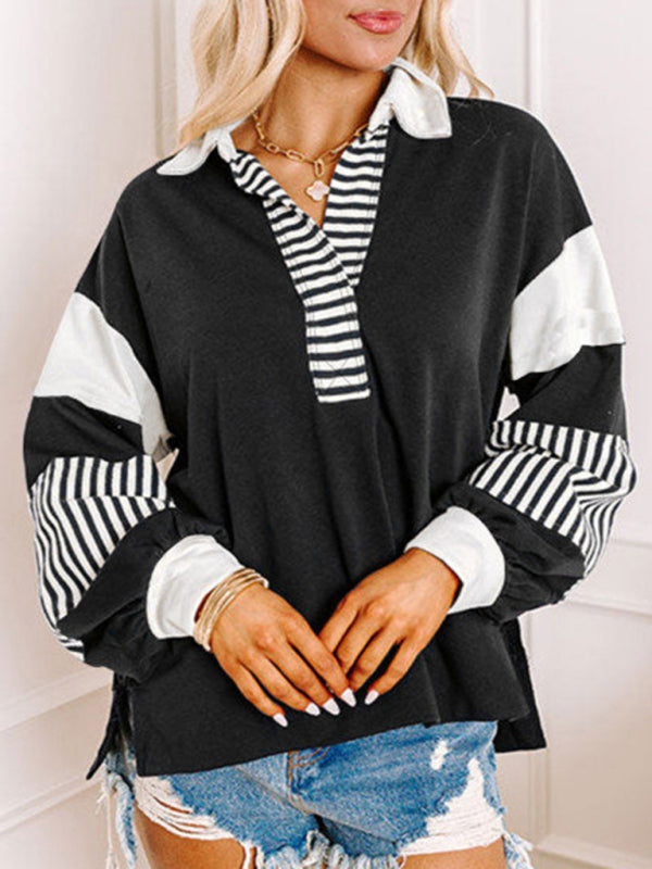Oversized Striped Sweatshirt Polo Neck Cozy Fall Winter Top