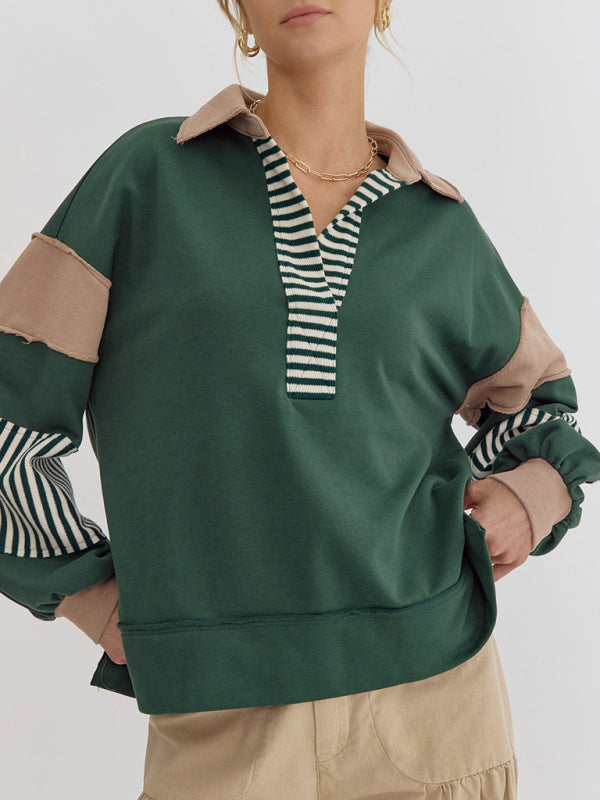 Oversized Striped Sweatshirt Polo Neck Cozy Fall Winter Top