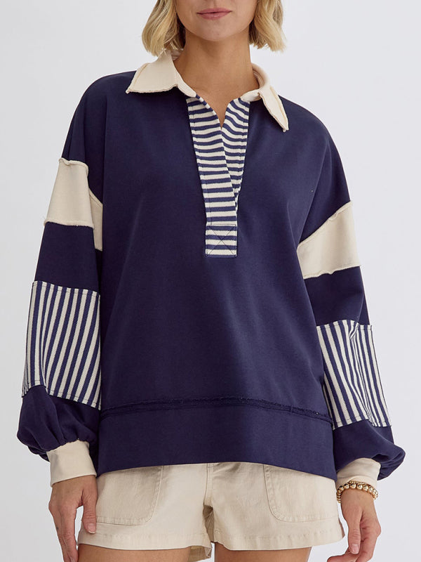 Oversized Striped Sweatshirt Polo Neck Cozy Fall Winter Top