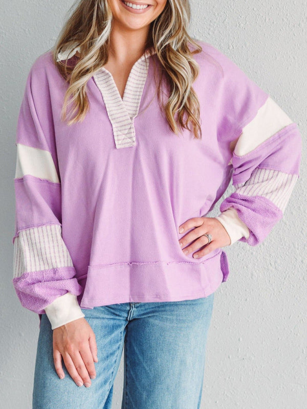 Oversized Striped Sweatshirt Polo Neck Cozy Fall Winter Top