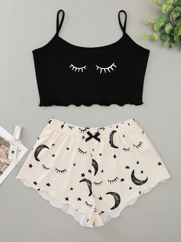 Cozy & Cute Eyelash Cami Pajama Set Star Moon Print Lounge Wear